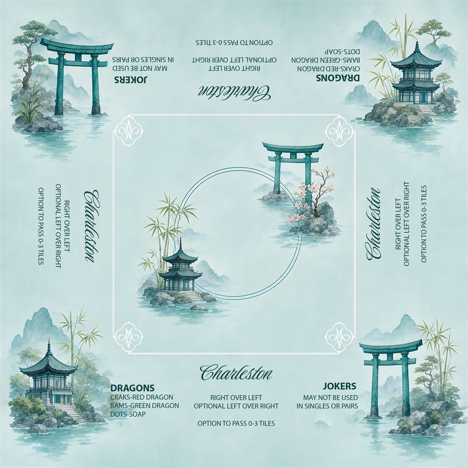 Turquoise Tori and Pagodas American Mah Jongg mat by NouveauMahj